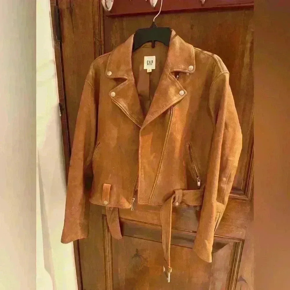 Gap Tan leather moto cropped jacket XS - Picture 5 of 5